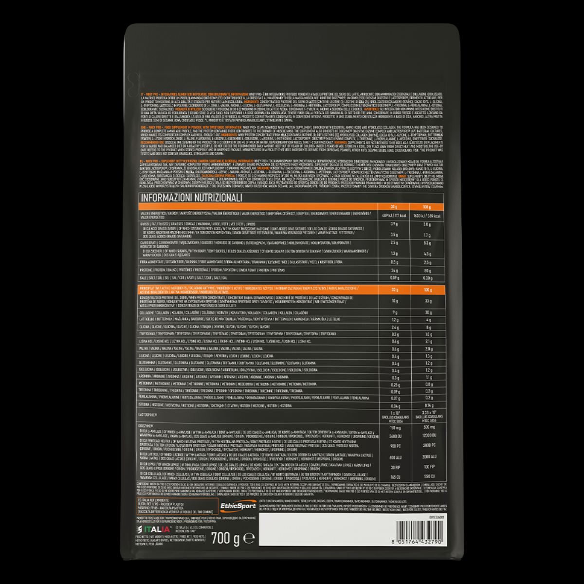 Proteine ETHIC SPORT WHEY PRO + CON COLLAGENE IDROLIZZATO, EAA, LACTOSPORE® E DIGEZYME®.  Busta 700 gr