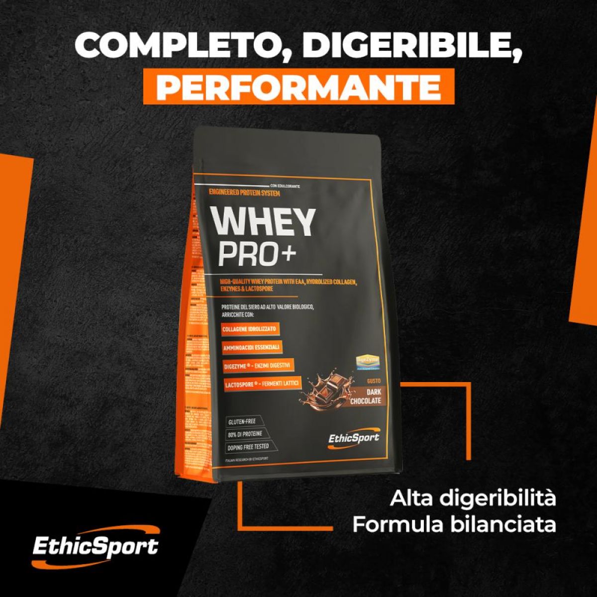 Proteine ETHIC SPORT WHEY PRO + CON COLLAGENE IDROLIZZATO, EAA, LACTOSPORE® E DIGEZYME®.  Busta 700 gr