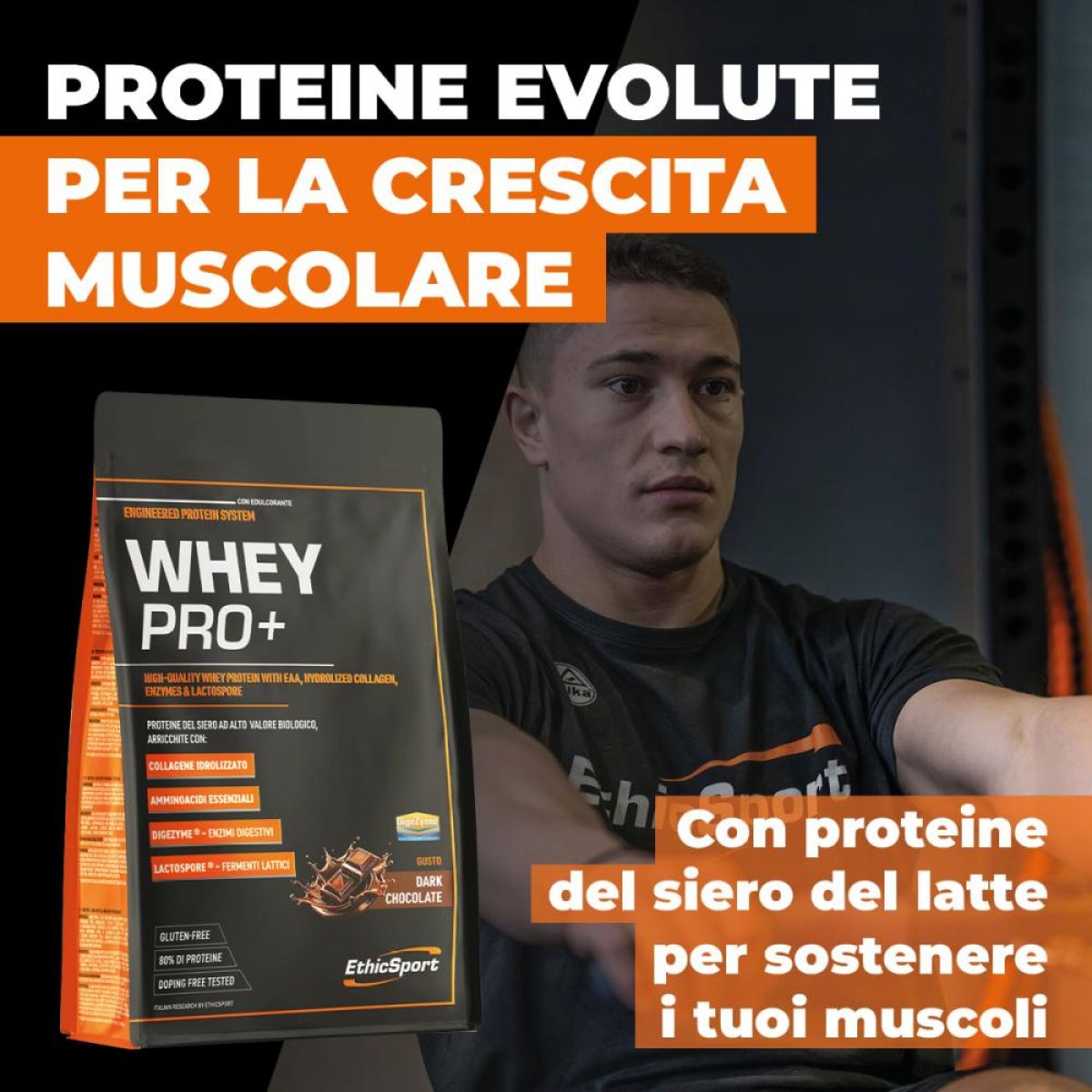 Proteine ETHIC SPORT WHEY PRO + CON COLLAGENE IDROLIZZATO, EAA, LACTOSPORE® E DIGEZYME®.  Busta 700 gr