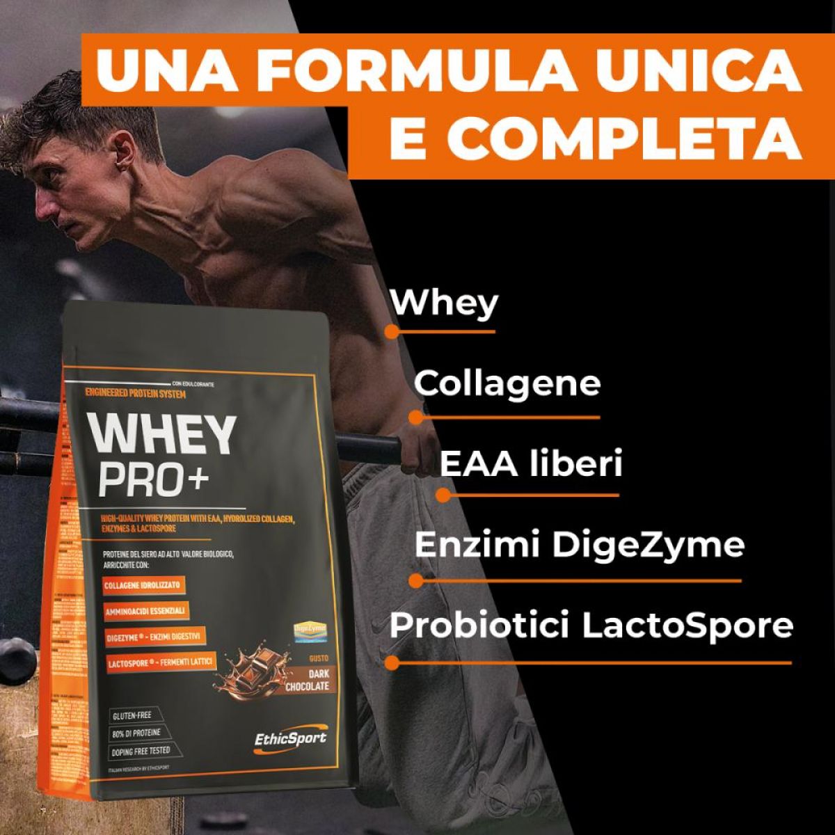Proteine ETHIC SPORT WHEY PRO + CON COLLAGENE IDROLIZZATO, EAA, LACTOSPORE® E DIGEZYME®.  Busta 700 gr